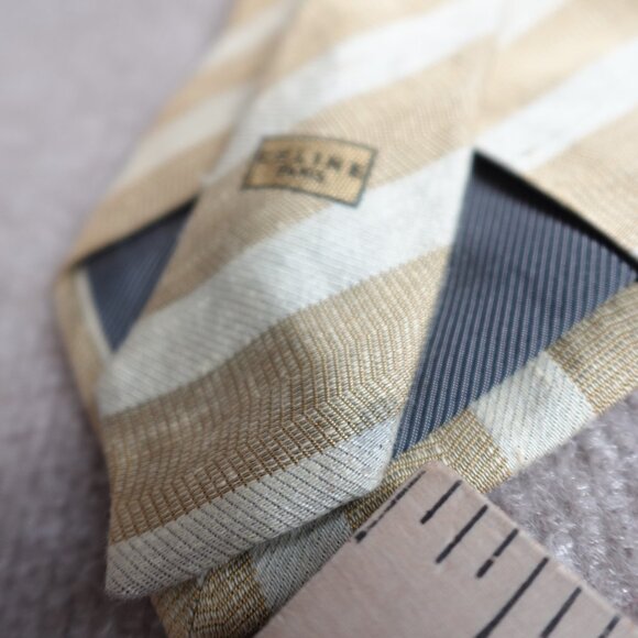 Celine Mens Tie Yellow Striped Jacquard Silk Made in Spain - Picture 7 of 9